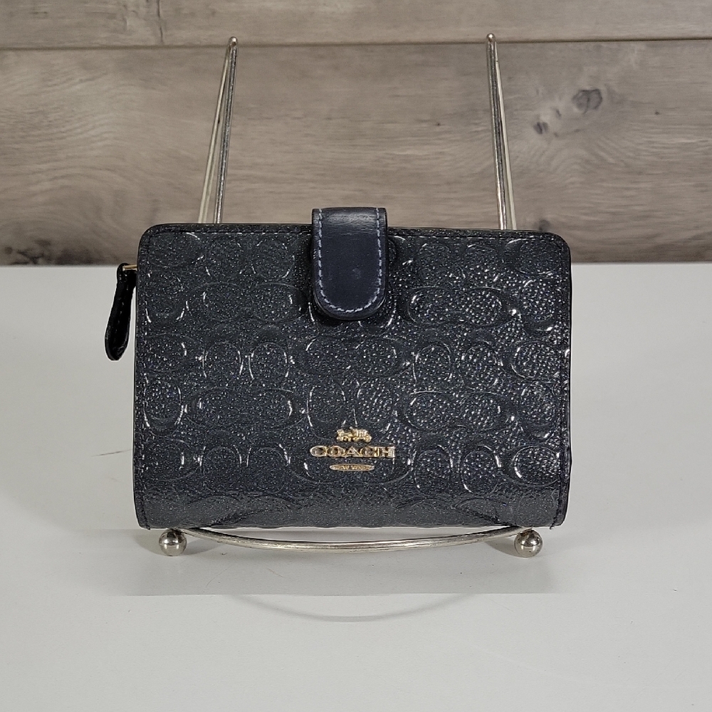 Coach Gray Patent Leather Embossed Signature Compact Wallet